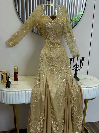 EDECPBM Sequined Evening Dress Women Sexy American Style Gold Formal Events Party Customized New Collection Latest Luxury