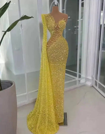 Yellow Long Dubai Evening Dresses Luxury Mermaid Beaded with Long Side Train Prom Party Gown for Special Occasions Customized