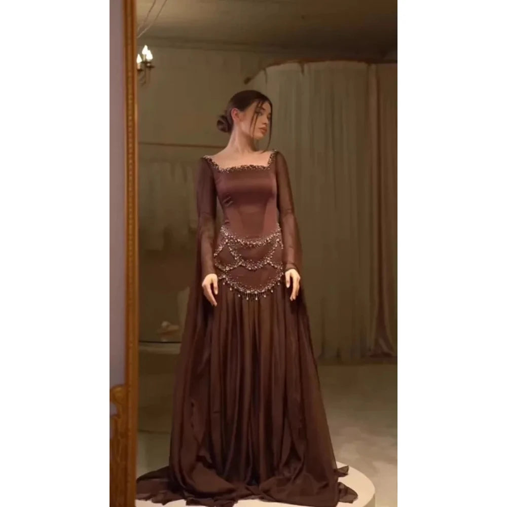 Brown Arabian Evening Dresses Square Neck Long Sleeve Beaded A Line Luxury Party Dress Floor Length Prom Gown Customized