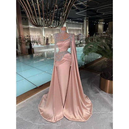 Elegant High Neck Mermaid Evening Dresses Long Sleeve Floor Length Prom Gowns Crystals Special Occasion Party Dress Customized