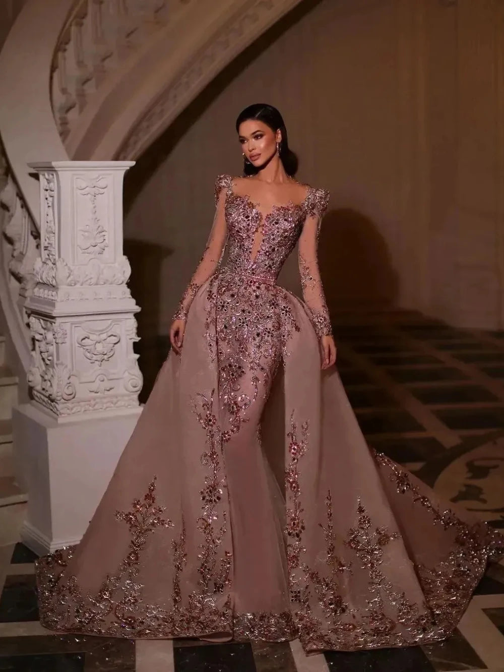 Customized Elegant Mermaid Decal Formal Women's Evening Dress With V-Neck Long Sleeves And Detachable Train Formal Party Dress
