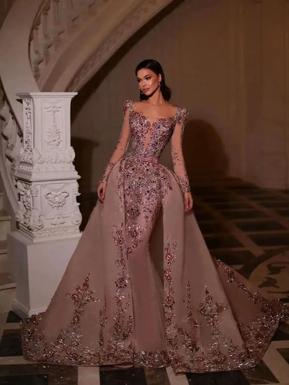 Customized Elegant Mermaid Decal Formal Women's Evening Dress With V-Neck Long Sleeves And Detachable Train Formal Party Dress