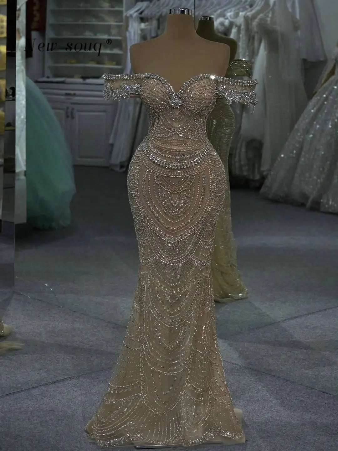 Sparkle Crystals Off Shoulder Long Evening Dresses Customized 2026 Nude Champagne Elegant Female Wedding Guest Party Wear Gowns