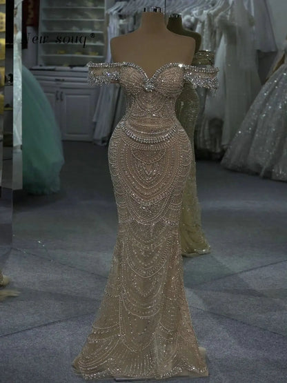 Sparkle Crystals Off Shoulder Long Evening Dresses Customized 2026 Nude Champagne Elegant Female Wedding Guest Party Wear Gowns