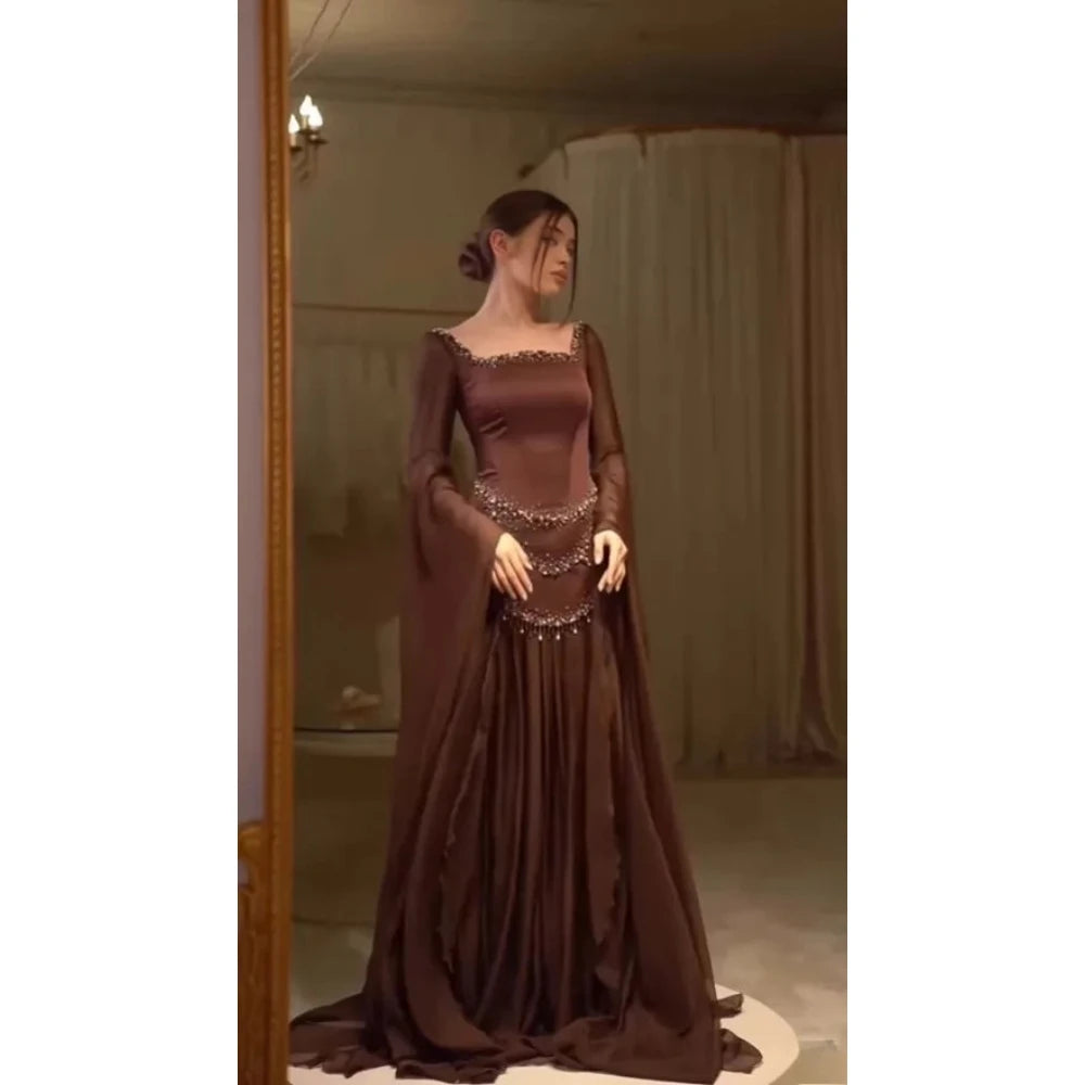 Brown Arabian Evening Dresses Square Neck Long Sleeve Beaded A Line Luxury Party Dress Floor Length Prom Gown Customized