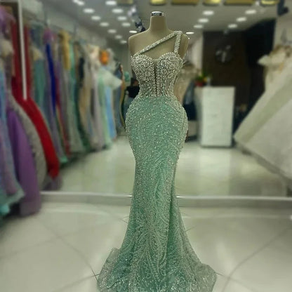 Customized Exquisite Evening Dresses Gorgeous Dazzling One Shoulder Backless Fishtail Gown Beading Long Dress Formal Party Gowns