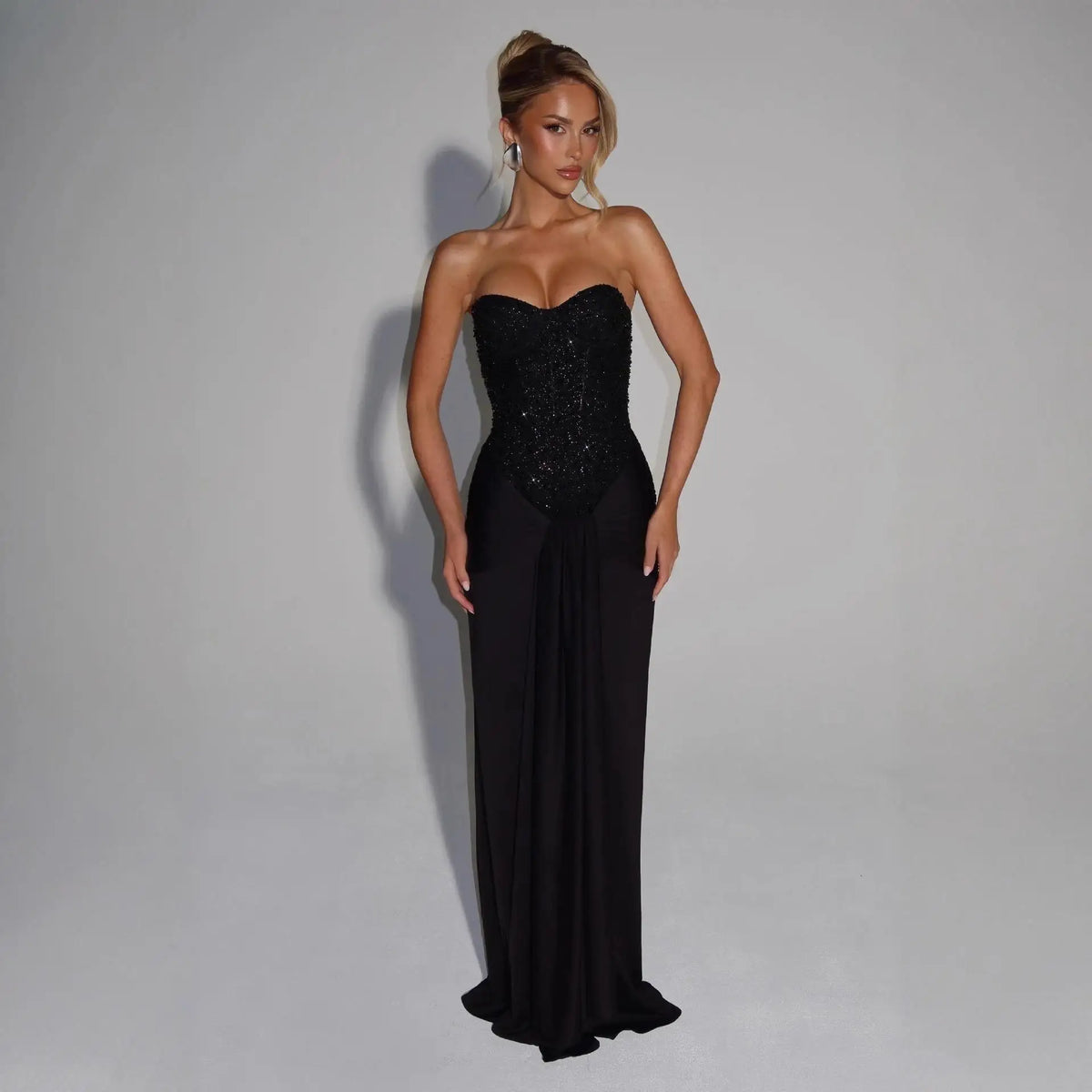 Sexy Sequin Patchwork Strapless Maxi Dress Women Sleeveles Off-shoulder Cinched-waist Pleated Dresses Lady Evening Party Gowns