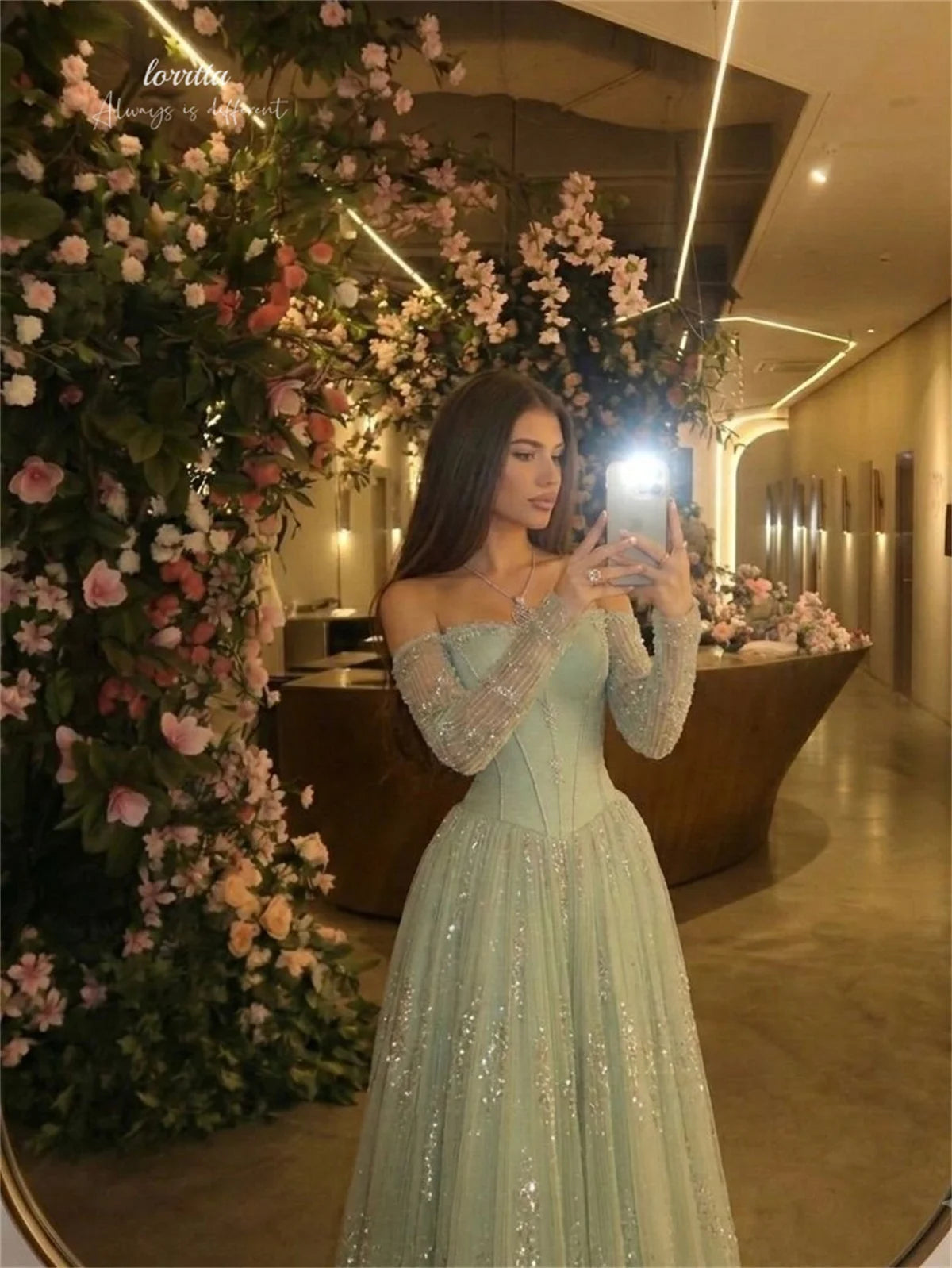 Lorrtta Tulle Off The Shoulder Green Ball Gown Princess Prom Dress Elegant Mint Hue Off-Shoulder Sweetheart Sequined Customized