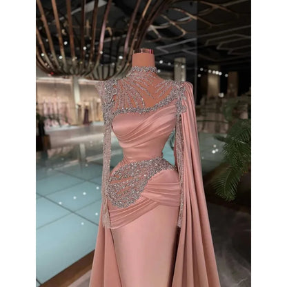 Elegant High Neck Mermaid Evening Dresses Long Sleeve Floor Length Prom Gowns Crystals Special Occasion Party Dress Customized