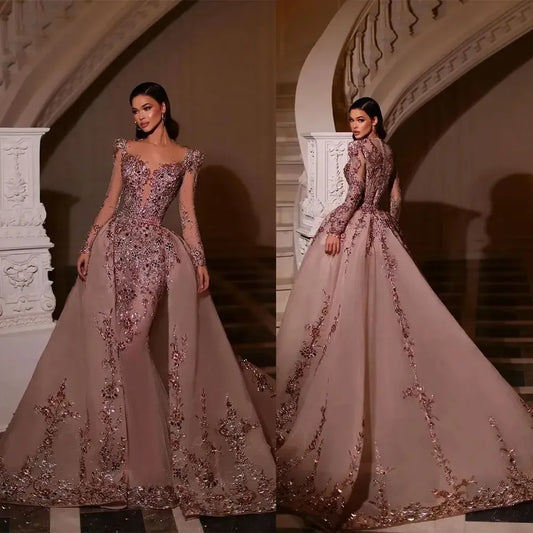 Customized Elegant Mermaid Decal Formal Women's Evening Dress With V-Neck Long Sleeves And Detachable Train Formal Party Dress