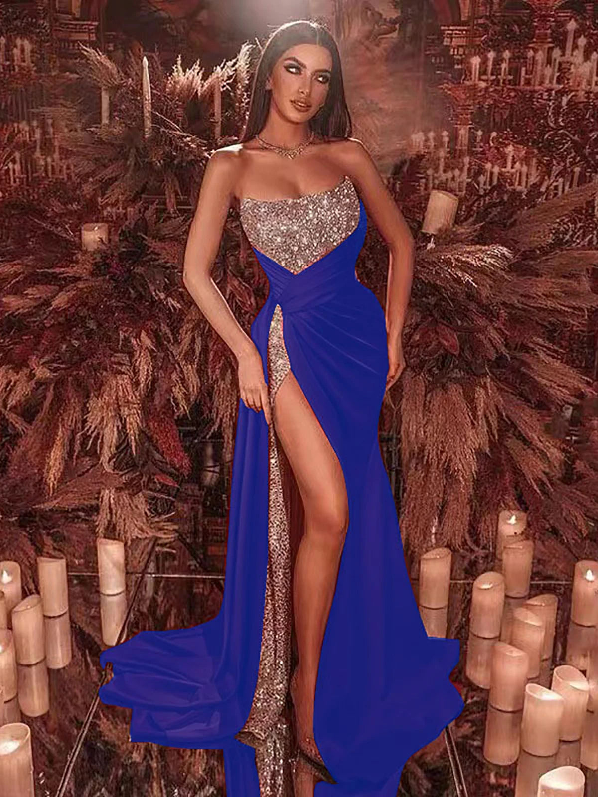 Women’s Luxury Sequins Evening Dress Sexy Off-Shoulder Tube Top Sleeveless Patchwork High Split Party Wedding Dresses Vestidos