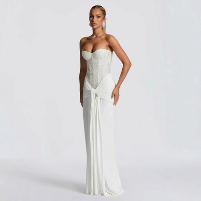 Sexy Sequin Patchwork Strapless Maxi Dress Women Sleeveles Off-shoulder Cinched-waist Pleated Dresses Lady Evening Party Gowns