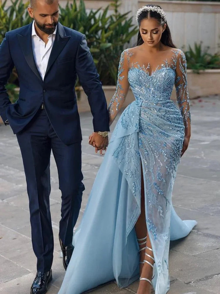 Dubai Arab Luxury Beaded Mermaid Evening Dress Light Blue Long Tube Wedding Party Skirt Side Split Prom Dresses Customized