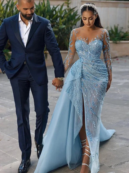 Dubai Arab Luxury Beaded Mermaid Evening Dress Light Blue Long Tube Wedding Party Skirt Side Split Prom Dresses Customized
