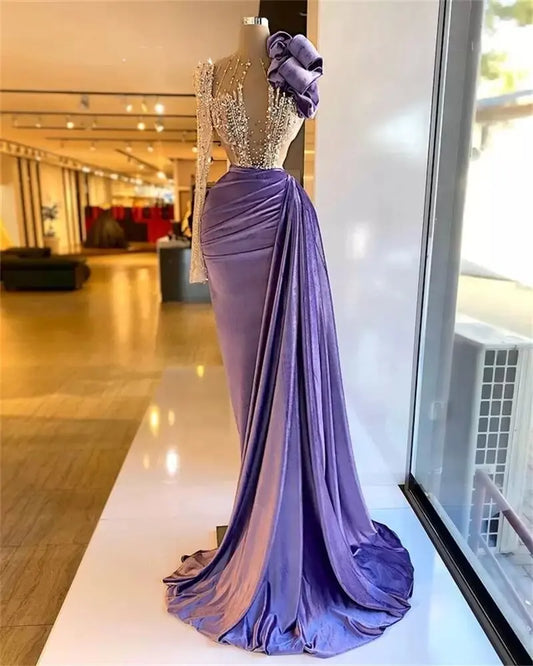 Velour Evening Dresses Beaded Illusion Flowers Long Sleeve Arabic Dress For Women Elegant Pleats Robe De Fiesta Customized 2025