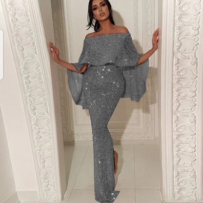 New Blingbling Backless Gown with Large Puffy Sleeve One Shoulder Wrap around Skirt Evening Dress Women's Fashion