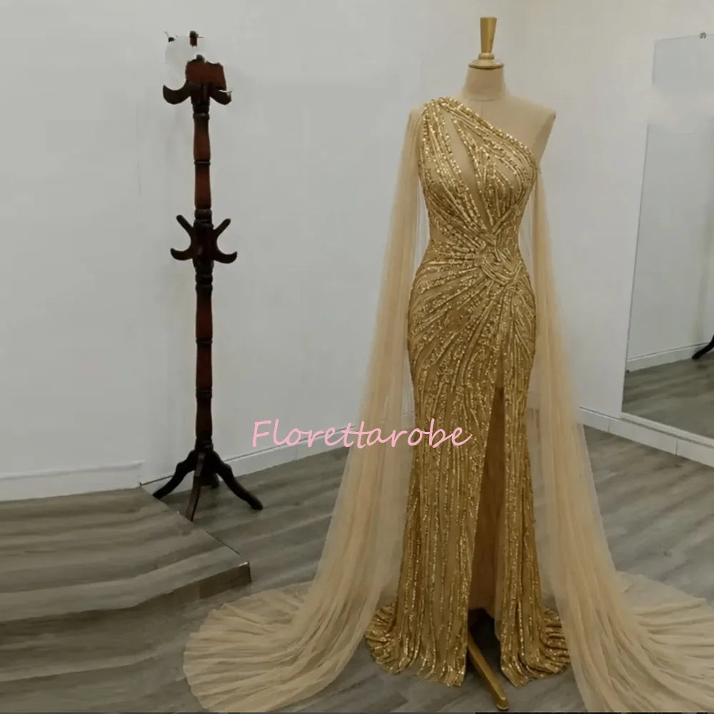 Gold Prom Dress Strapless Sweetheart Neck Beaded Sequins Mermaid High Slit Maxi Gown Women Formal Evening Party Dresses Customiz