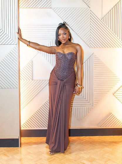 Sexy Sequin Patchwork Strapless Maxi Dress Women Sleeveles Off-shoulder Cinched-waist Pleated Dresses Lady Evening Party Gowns