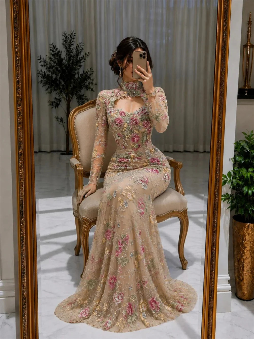 Lorrtta Tulle Sweetheart champagne Mermaid Evening Dress Formal Romantic Premium Designer Beautiful Flowers 2026 Customized