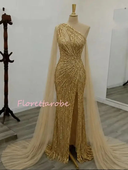 Gold Prom Dress Strapless Sweetheart Neck Beaded Sequins Mermaid High Slit Maxi Gown Women Formal Evening Party Dresses Customiz