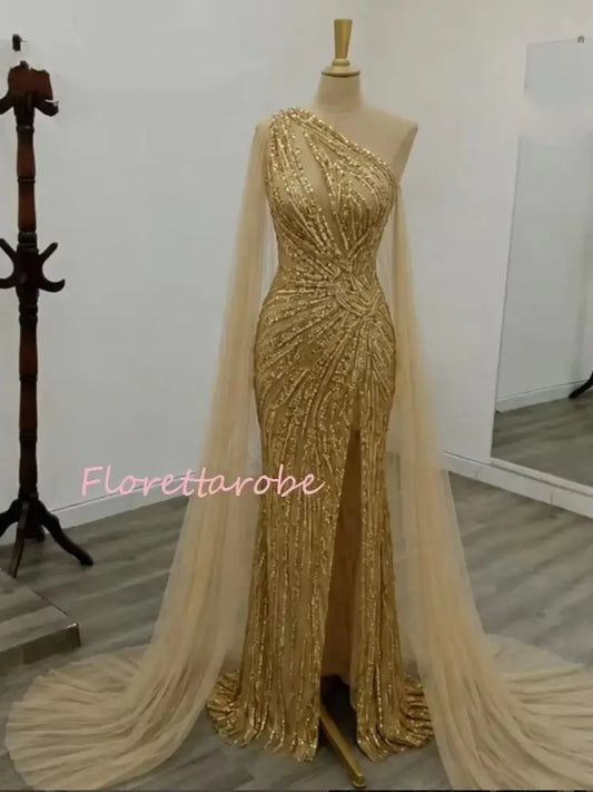 Gold Prom Dress Strapless Sweetheart Neck Beaded Sequins Mermaid High Slit Maxi Gown Women Formal Evening Party Dresses Customiz