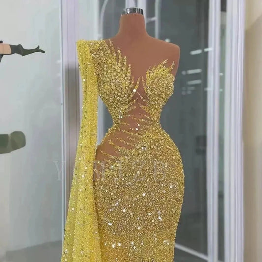Yellow Long Dubai Evening Dresses Luxury Mermaid Beaded with Long Side Train Prom Party Gown for Special Occasions Customized
