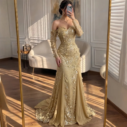 EDECPBM Sequined Evening Dress Women Sexy American Style Gold Formal Events Party Customized New Collection Latest Luxury
