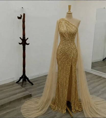 Gold Prom Dress Strapless Sweetheart Neck Beaded Sequins Mermaid High Slit Maxi Gown Women Formal Evening Party Dresses Customiz