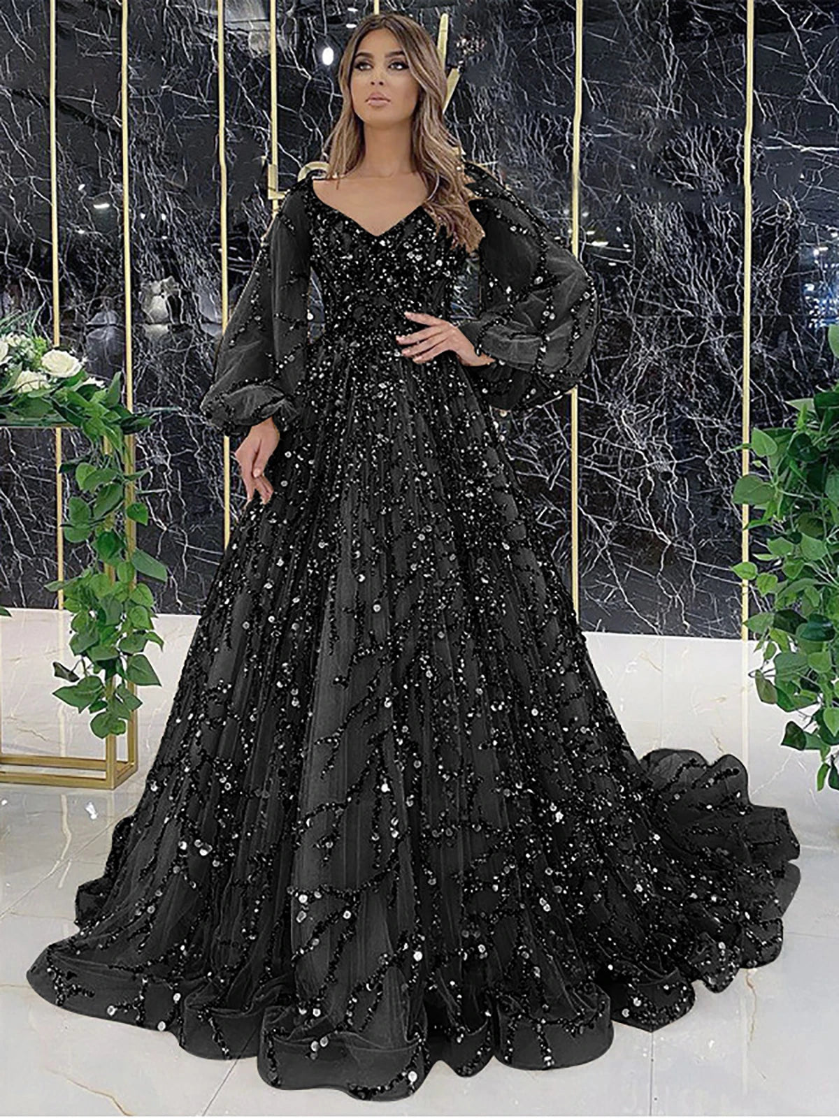 Women Luxurious Elegant Dress Solid Mesh Patchwork Puff Sleeve High Waist V-Neck Party Maxi Dress Lace Evening Prom Club Dresses
