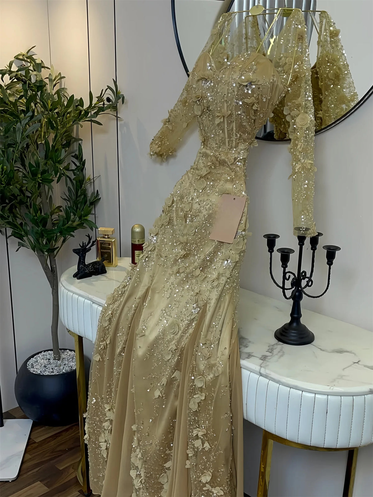 EDECPBM Sequined Evening Dress Women Sexy American Style Gold Formal Events Party Customized New Collection Latest Luxury