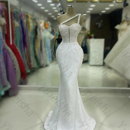 Customized Exquisite Evening Dresses Gorgeous Dazzling One Shoulder Backless Fishtail Gown Beading Long Dress Formal Party Gowns