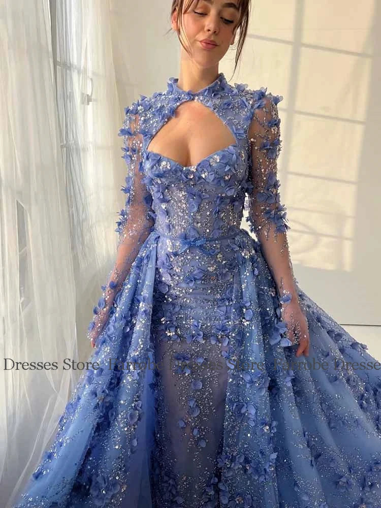 Luxurious Women's Evening Dresses 2025 Lace Sheath/Column Prom Dress Blue High Collar Hollow Lace-up Tailing Applique Party Gown