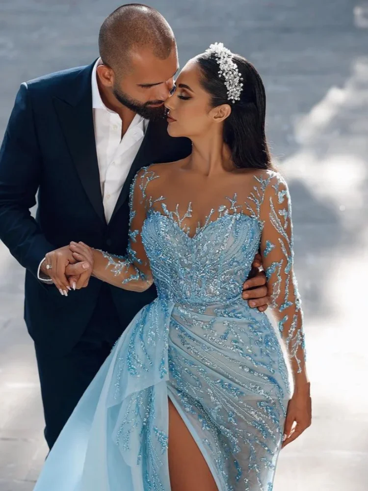 Dubai Arab Luxury Beaded Mermaid Evening Dress Light Blue Long Tube Wedding Party Skirt Side Split Prom Dresses Customized