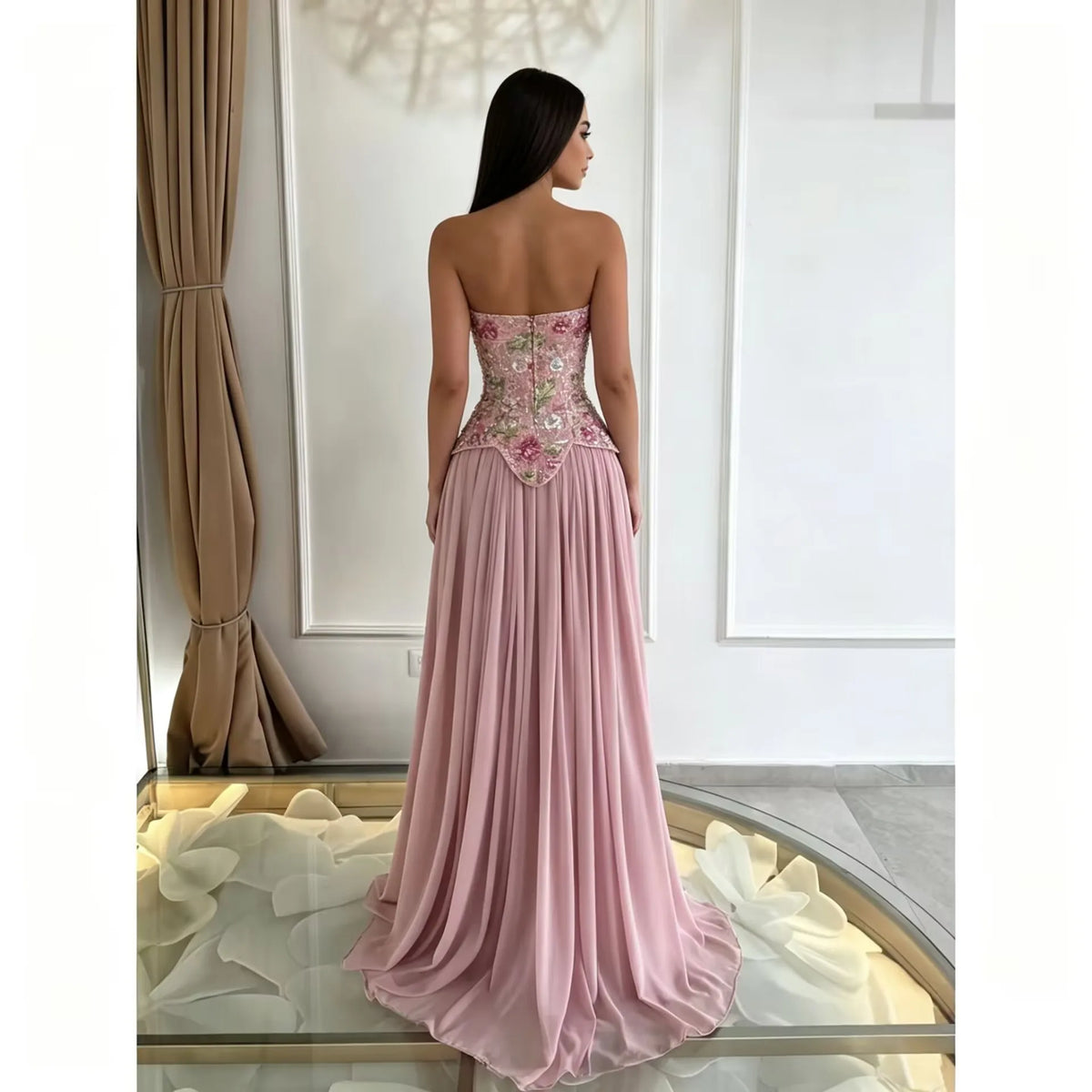 JEHETH Customized Dusty Pink Strapless Evening Dresses 2026 Chiffon Colorful Beading vestidos de noche Floor-Length Prom Gowns