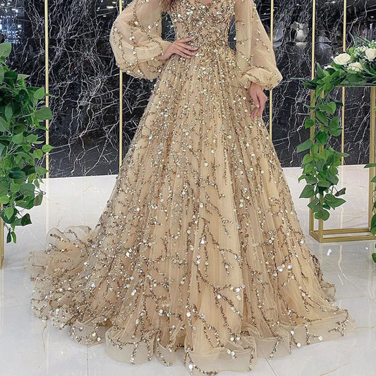 Women Luxurious Elegant Dress Solid Mesh Patchwork Puff Sleeve High Waist V-Neck Party Maxi Dress Lace Evening Prom Club Dresses