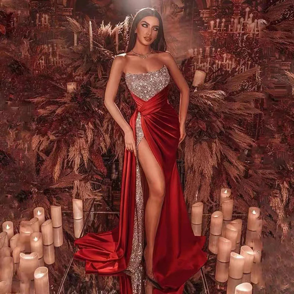 Women’s Luxury Sequins Evening Dress Sexy Off-Shoulder Tube Top Sleeveless Patchwork High Split Party Wedding Dresses Vestidos