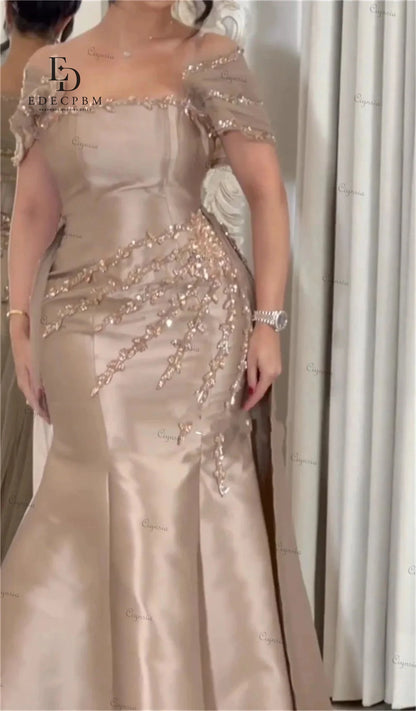 EDECPBM Customized Saudi Women's Evening Dresses for Special Occasions Champagne Satin Prom Dresses 2025 Beads Party Luxurious