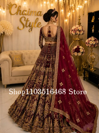Gorgeous Burgundy Indian Sari Customized Traditional Pakistani Bridal Gown Ethnic Wedding Dress Evening Gown Formal Occasion2026