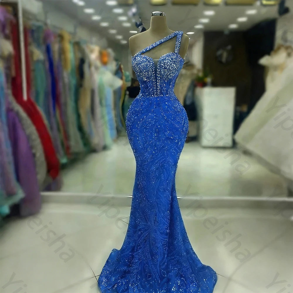 Customized Exquisite Evening Dresses Gorgeous Dazzling One Shoulder Backless Fishtail Gown Beading Long Dress Formal Party Gowns