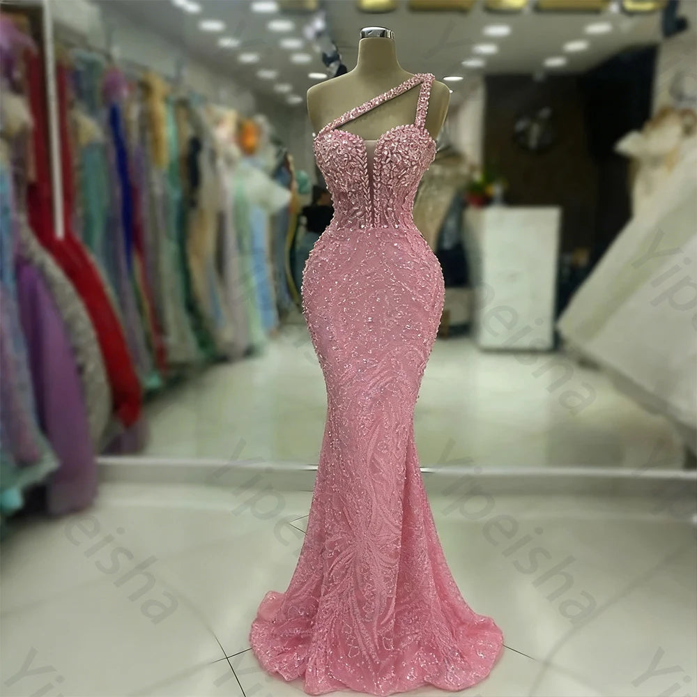 Customized Exquisite Evening Dresses Gorgeous Dazzling One Shoulder Backless Fishtail Gown Beading Long Dress Formal Party Gowns
