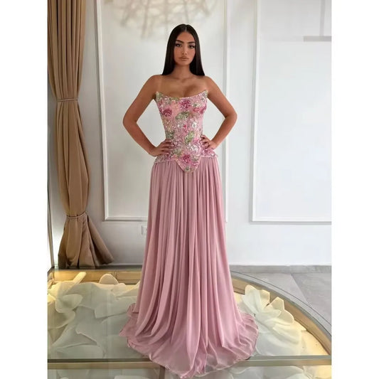 JEHETH Customized Dusty Pink Strapless Evening Dresses 2026 Chiffon Colorful Beading vestidos de noche Floor-Length Prom Gowns