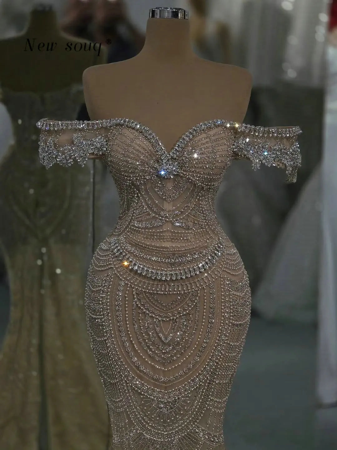 Sparkle Crystals Off Shoulder Long Evening Dresses Customized 2026 Nude Champagne Elegant Female Wedding Guest Party Wear Gowns