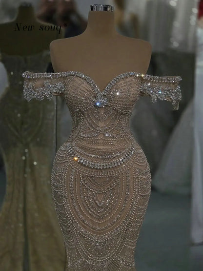 Sparkle Crystals Off Shoulder Long Evening Dresses Customized 2026 Nude Champagne Elegant Female Wedding Guest Party Wear Gowns