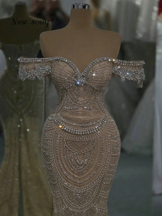 Sparkle Crystals Off Shoulder Long Evening Dresses Customized 2026 Nude Champagne Elegant Female Wedding Guest Party Wear Gowns
