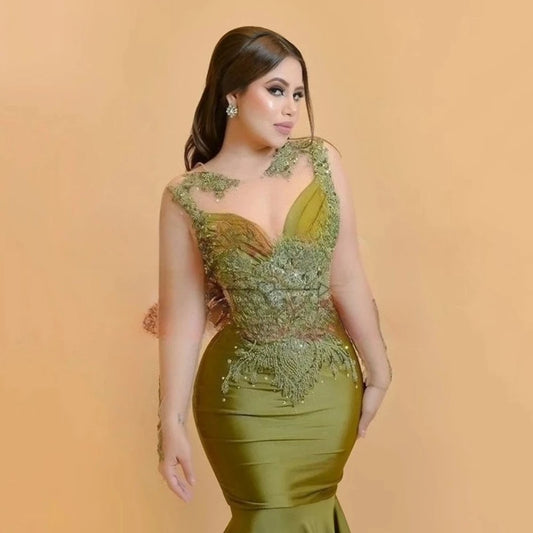 Customzied Tiered Ruffle Green Mermaid Floor Length Dinner Party Dresses with Fashion Appliques Satin Saudi Arabia Prom Gowns