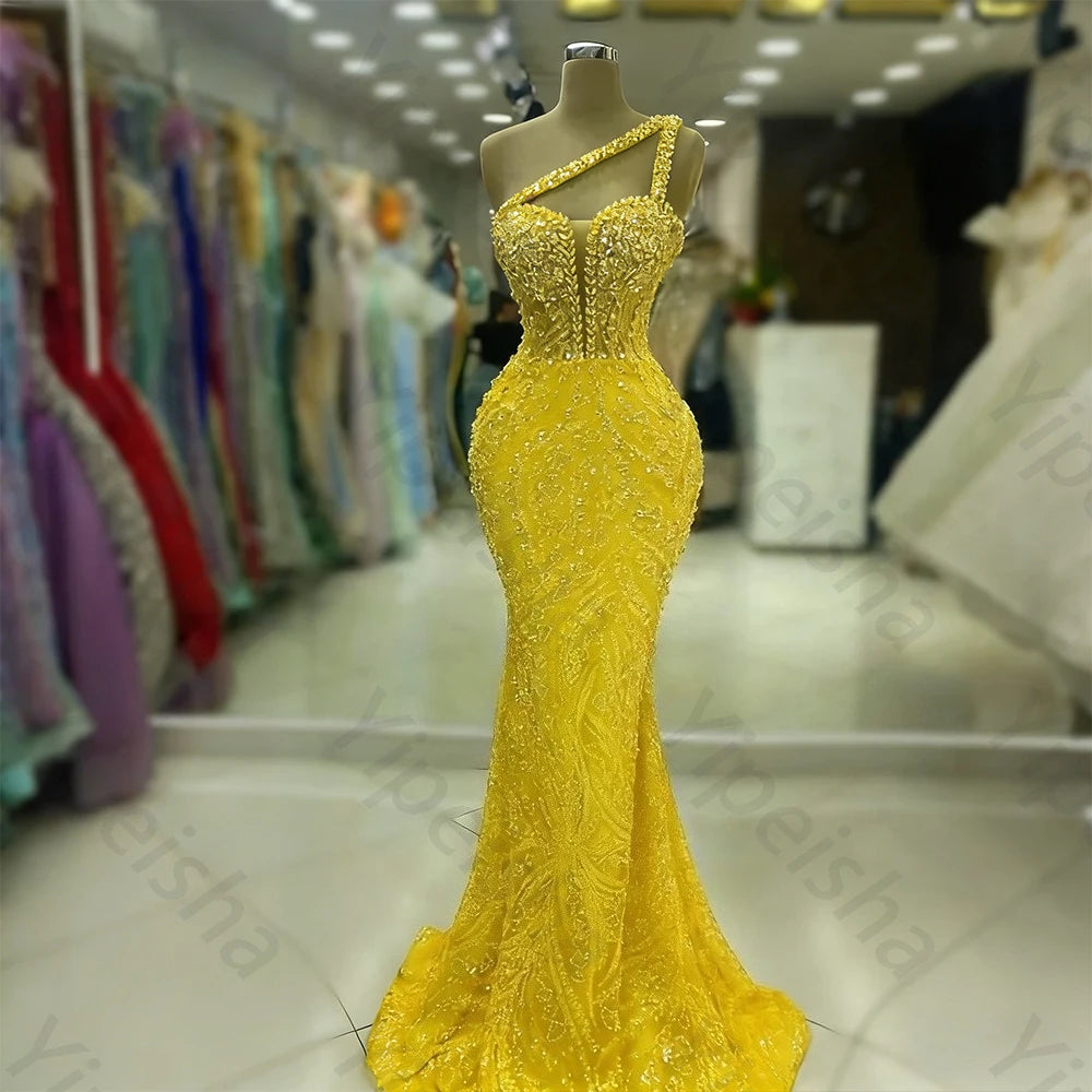 Customized Exquisite Evening Dresses Gorgeous Dazzling One Shoulder Backless Fishtail Gown Beading Long Dress Formal Party Gowns
