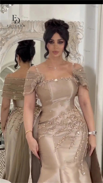 EDECPBM Customized Saudi Women's Evening Dresses for Special Occasions Champagne Satin Prom Dresses 2025 Beads Party Luxurious