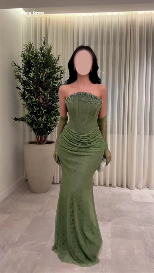 Lena Green Women's Prom Dress Luxury Women Evening Dress Customized Embroidered Lace Fish Tail Off the Shoulders Elegant Gowns