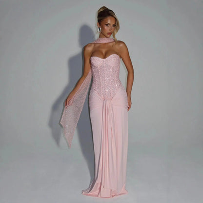 Sexy Sequin Patchwork Strapless Maxi Dress Women Sleeveles Off-shoulder Cinched-waist Pleated Dresses Lady Evening Party Gowns