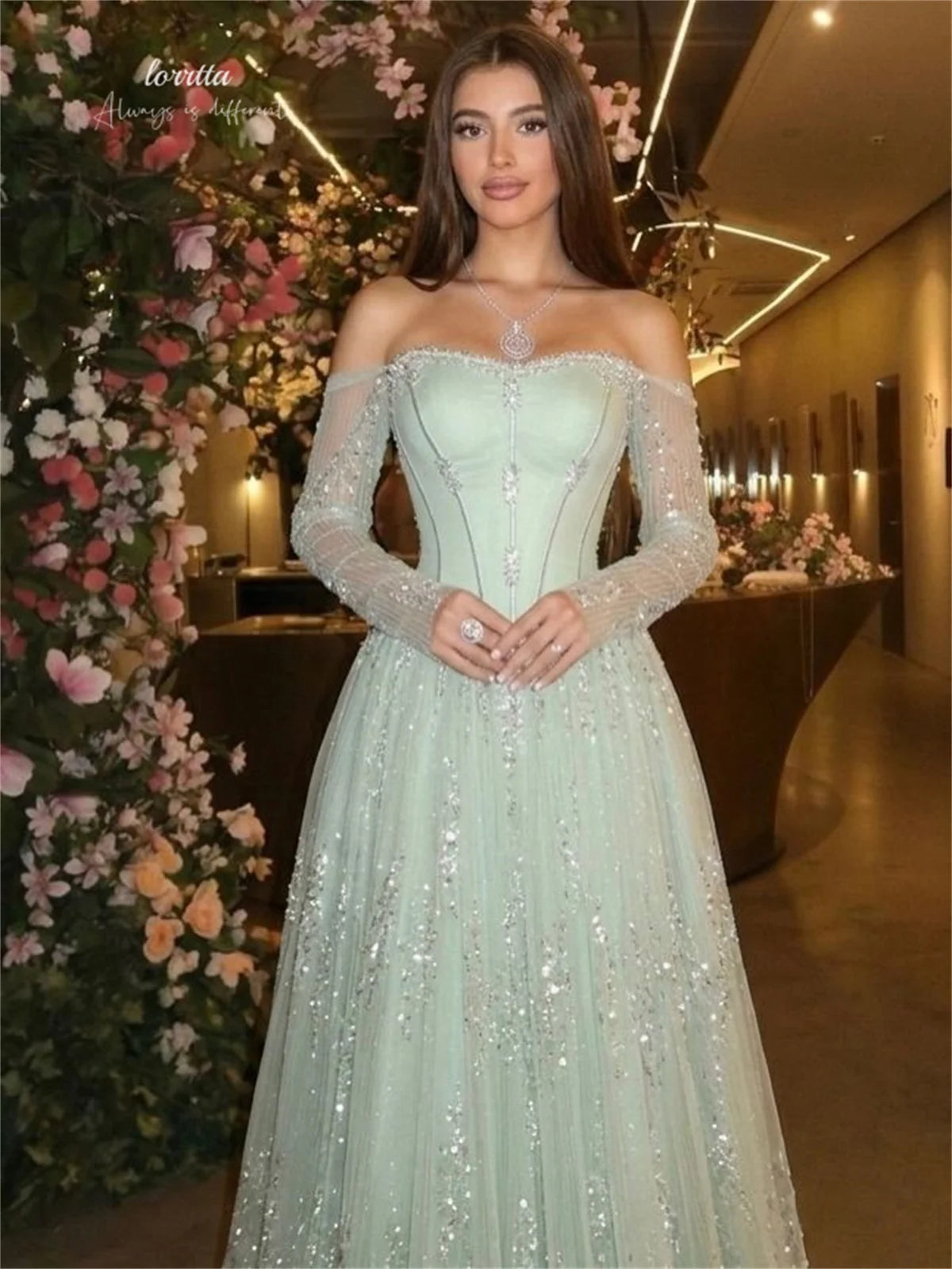 Lorrtta Tulle Off The Shoulder Green Ball Gown Princess Prom Dress Elegant Mint Hue Off-Shoulder Sweetheart Sequined Customized